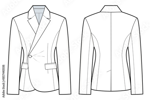 Women's Blazer technical fashion illustration. Suit jacket vector template illustration. front and back view. fitted waist. notched lapel. formal wear. business. white color. CAD mockup.