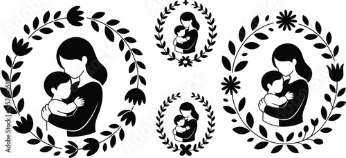 Elegant black and white designs feature a mother embracing her baby surrounded by nature inspired frames