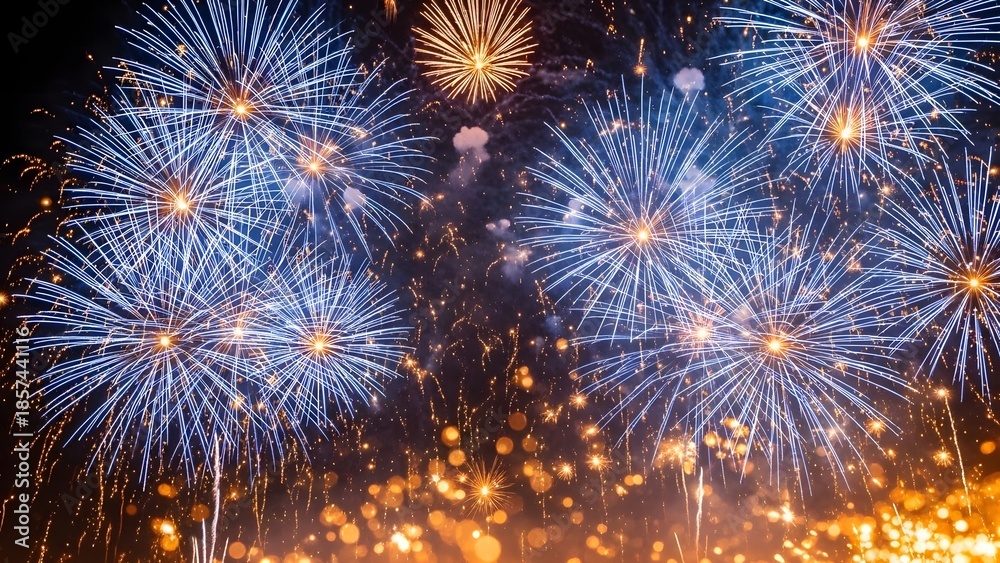 Naklejka premium Vibrant fireworks explosions celebrating new year 2026 nighttime spectacle