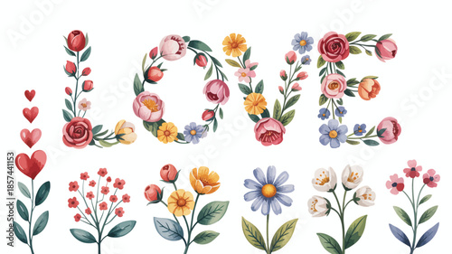 Elegant watercolor floral arrangement spells LOVE, accompanied by delicate blossoms and graceful heart stems