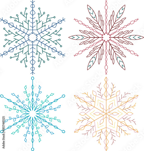 Four decorative outline elements, snowflakes for various design projects, vector set	
