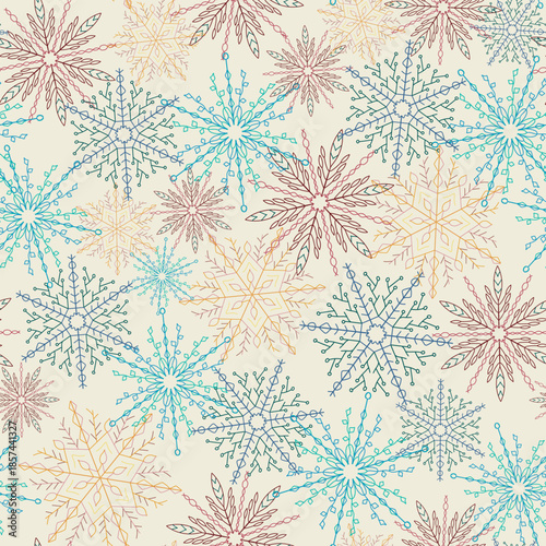 Christmas, New Year seamless pattern, linear illustration of snowflakes. snow flakes in the cold season, snowfall