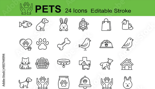 Comprehensive Collection of Veterinary and Pet Care Line Art Icons Featuring Animals Medical Supplies Grooming Tools and Food Bowl Outlines
