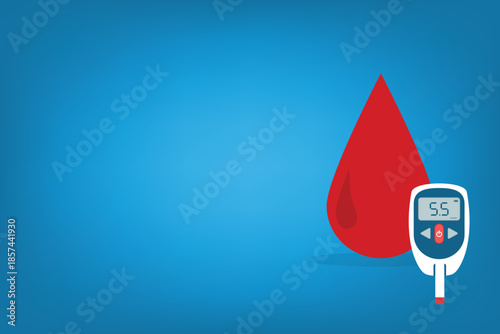 Diabetic glucose measuring device with indication sugar level on a display. High glucose diabetes risk. Glucometer and blood drop. EPS10 Vector illustration	