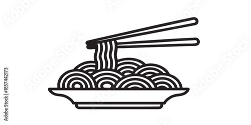 Noodles dish with chopsticks solid icon, japanese food concept. Vector graphics. Plate of noodles, vermicelli, spaghetti sign on white background, style icon mobile or web design.