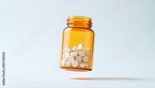 White round tablets fly out of an amber glass jar on a clean background, symbolizing health, medicine and pharmaceutical care.