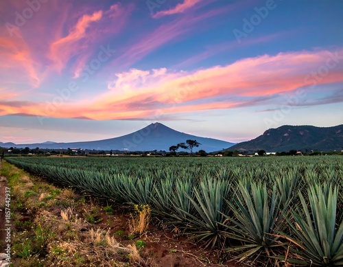 Scenic landscape featuring agave plants beneath a colorful sunset sky