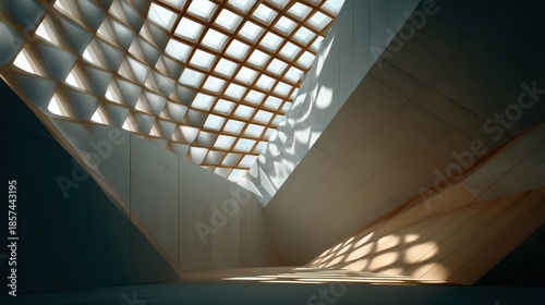 Modern architectural interior with grid skylight and natural light.