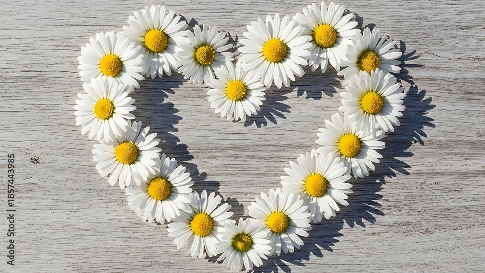 Obraz premium Heart Shape of White Daisy Flowers on Rustic Wooden Background