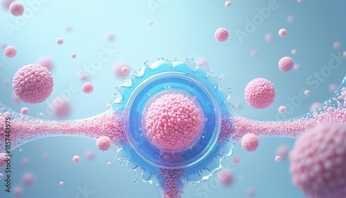 Abstract visualization of biological cells, possibly representing cellular processes, division, or reproduction. Pink spheres float in blue liquid, suggesting microscopic world, scientific research.
