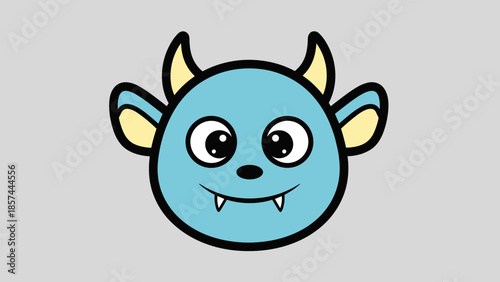 Cartoon Monster Face with Horns and Fangs.