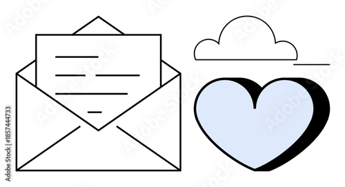 Communication, messaging, love notes, digital interaction, cloud storage, emotional connection. Open envelope with letter, heart and cloud illustration. Communication and messaging symbol in modern
