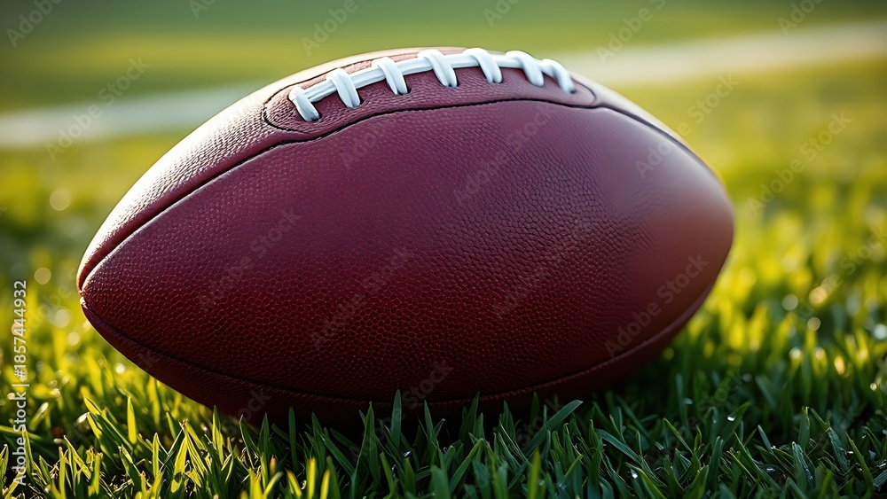 Obraz premium American football on green turf field with morning dew and soft natural light. 