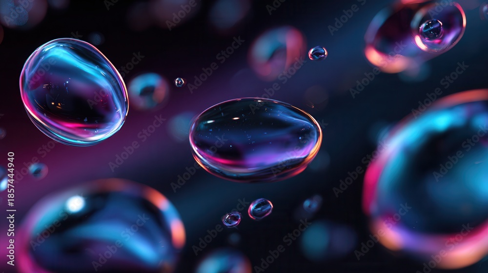 Naklejka premium Vibrant translucent bubbles floating in dark space with neon light