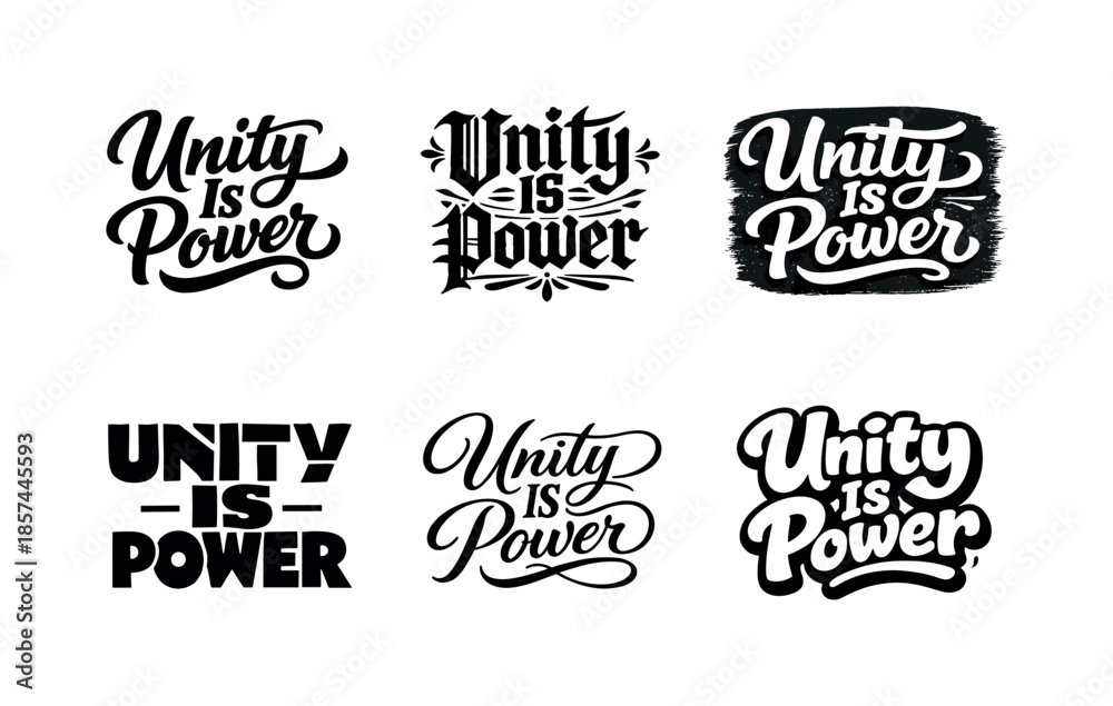 Fototapeta premium Unity Lettering Variations. Unity Is Power. Set lettering. harmonious lettering variations of the same emblematic concept, each with different artistic