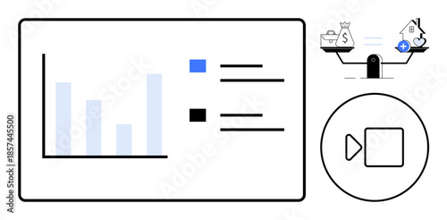 Data analysis concept. Features interactive bar graph for insights, balance scale priorities or choices, and video content symbol for informed decision-making. Perfect for finance, technology