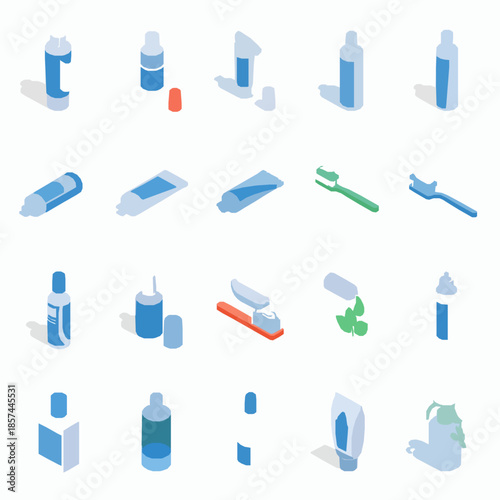 Dental Toothpaste Isometric Icons Vector Set for Web Design