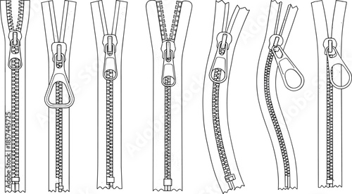 Set of detailed zipper designs line art technical fashion fastener collection isolated on white background cad drawing flat vector illustration