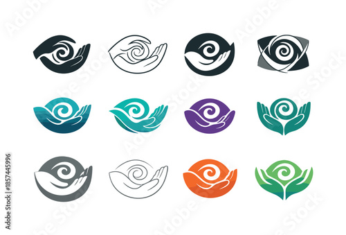 Calming Energy Logos. Therapeutic touch. Icon set. Set Logo of therapeutic touch: calming energy swirl. harmonious logo variations: Filled silhouette, Minimal