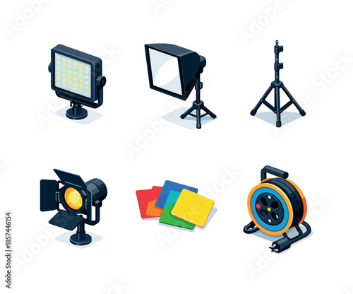 Isometric Lighting Icons. Lighting equipment. Isometric flat vector icons set of lighting equipment: LED panel light, softbox, light stand, barn doors lamp,