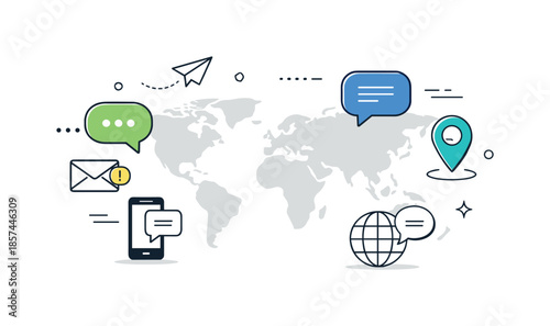 Global Communication Icons. Global communication icons. Chat bubbles, message symbols, and location pins floating around a simplified world map, expressing