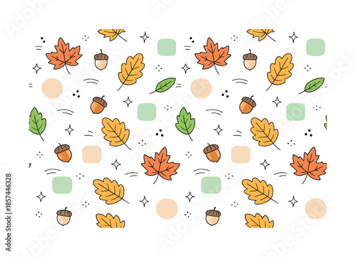Autumn Harmony Pattern. Autumn pattern background. Leaves, acorns and soft geometric shapes repeating in a calm rhythm, creating a cozy and thoughtful seasonal