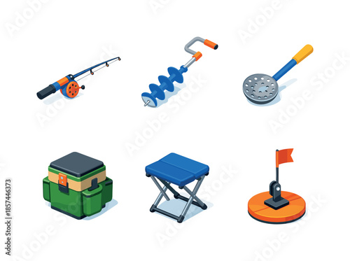 Ice Fishing Gear Grid. Ice Fishing. Isometric flat vector icons set of Ice Fishing: ice fishing rod, manual ice auger, ice scoop skimmer, insulated tackle box,