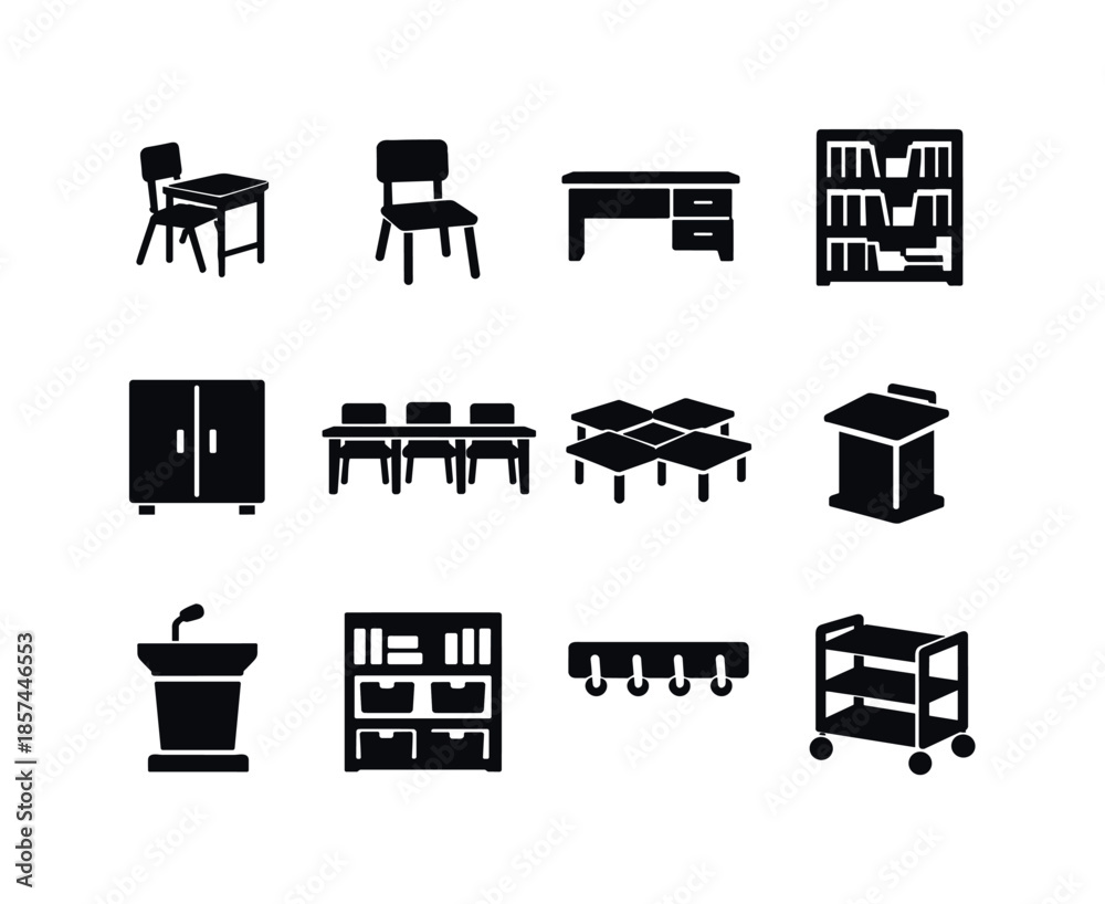 Fototapeta premium Classroom Furniture Icons. Classroom Furniture. Solid icon set of Classroom Furniture: student desk, school chair, teacher table, bookshelf classroom, storage