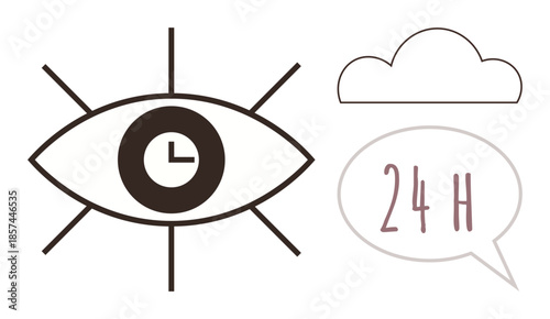 Eye with a clock in the center, 24-hour speech bubble, and a cloud icon. Ideal for surveillance, security, time management, digital monitoring, cloud services, customer support simple flat metaphor