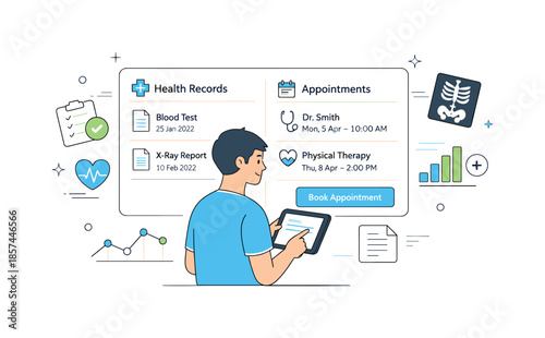 Digital Health Control. Digital healthcare platform. A patient browsing health records and appointments on a clean interface. Sense of clarity and control,