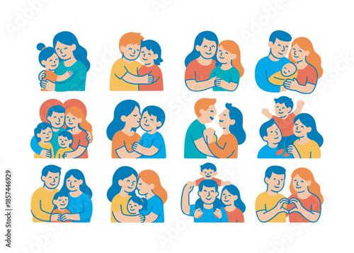 Family Love Icons. Family love. Colorful flat vector icons set of family love: parent-child hug, siblings cuddling, heartwarming family moment, parents holding