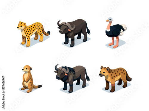 Safari Animal Icons. Safari Animals. Isometric flat vector icons set of safari animals: cheetah, African buffalo, ostrich, meerkat, wildebeest, hyena. Arrange
