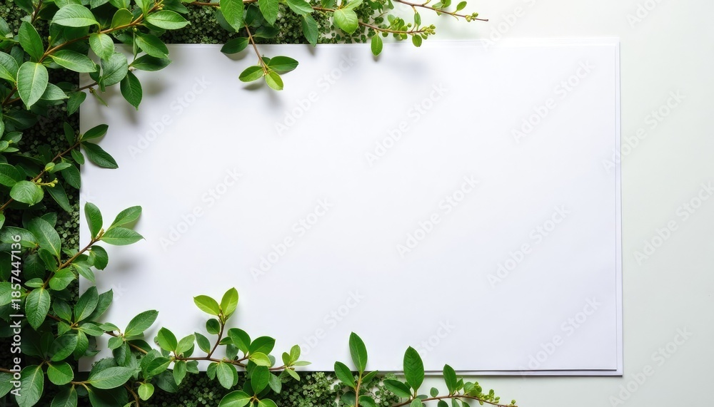 Naklejka premium White paper with green natural leaves border. Minimalistic plant frame for beauty product promotion. Natural background for presentation or advertising.