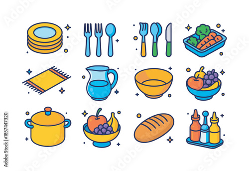 Colorful Family Table Display. Family table setup. Colorful isometric vector icons set of family table setup: plates stack, forks, spoons, knives, table