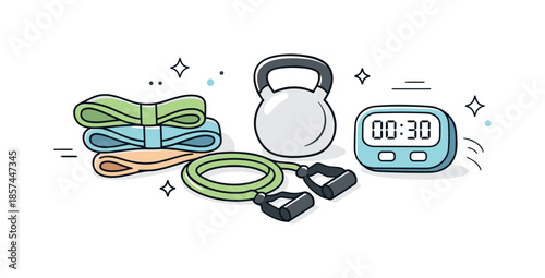 Minimalist Workout Illustration. Home fitness equipment layout. Abstract composition of light workout gear?resistance bands, kettlebell, timer?arranged with