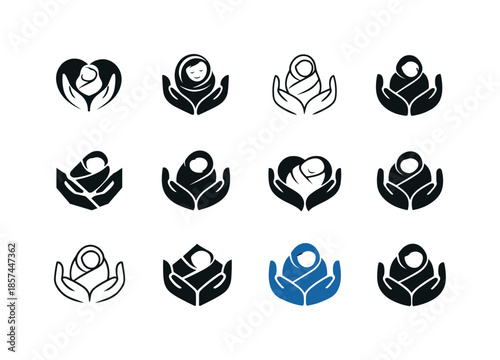 Newborn Nurturing Logos. nurturing a newborn. Icon set. Set Logo of nurturing a newborn: swaddled baby. harmonious logo variations of the same emblematic