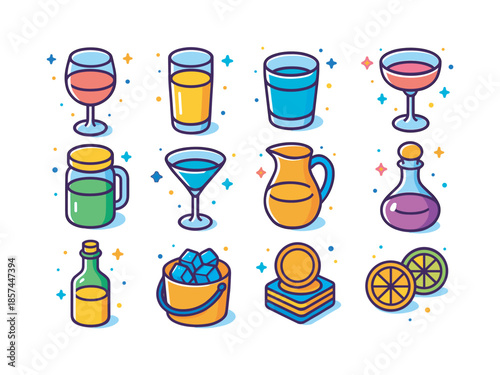 Colorful Glassware Icons. Glassware collection. Colorful isometric vector icons set of glassware collection: goblet, tall glass, tumbler, coupe glass, jar