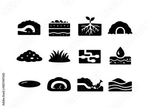 Mole Habitat Icons. Mole habitats. Solid icon set of mole habitats: underground tunnel, soil layers, root system, small cave, earth mound, grass patch, burrow
