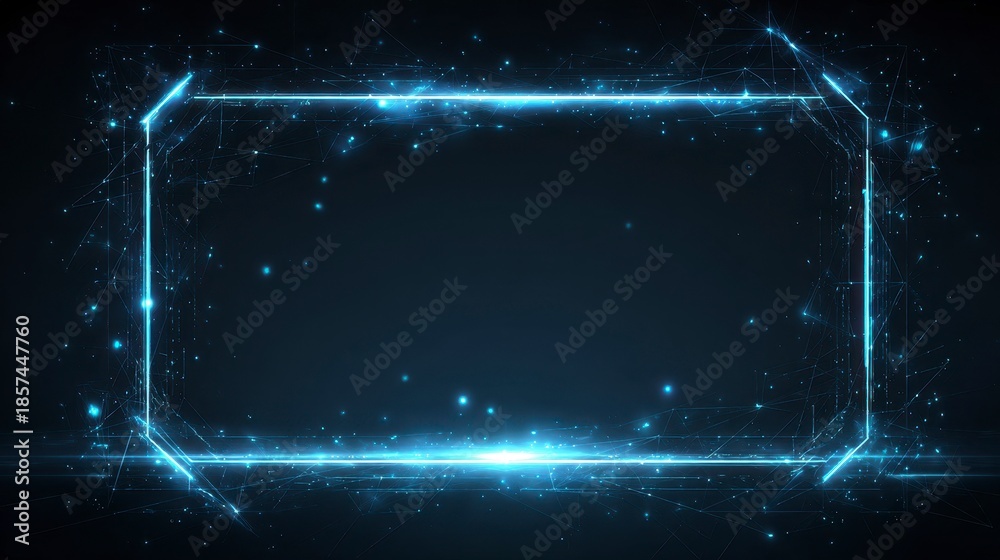 Obraz premium A luminous, polygonal frame glows against a dark blue background. Tiny particles and connecting lines create a network effect