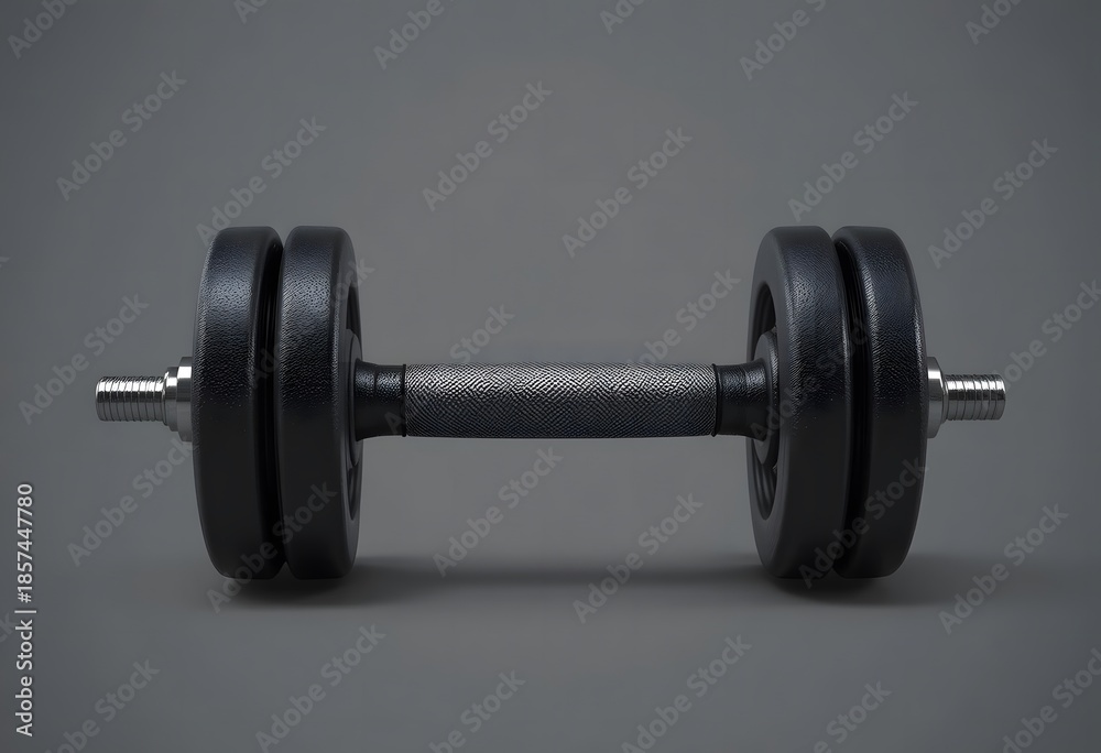 Naklejka premium Adjustable black dumbbell with textured grip for strength training on a dark background. 50 pound weight