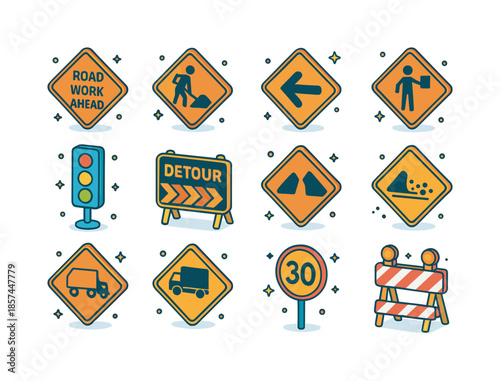 Construction Sign Icons. Construction and detour signs. Colorful isometric vector icons set of Construction and detour signs: road work ahead sign, road