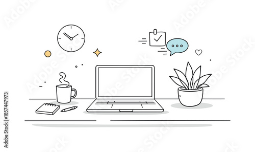 Minimalist Workspace Design. Line art and minimal compositions. A quiet workspace with a desk, plant and laptop drawn in continuous line style, atmosphere of