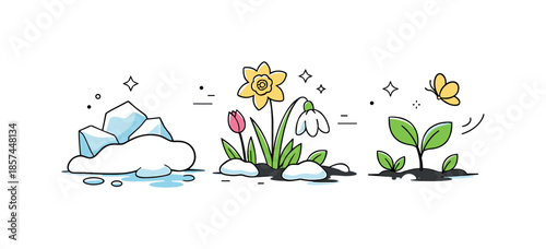 Seasonal Transformation. From frost to bloom seasonal illustration. Clean minimal composition showing ice, melting snow, emerging flowers, and fresh leaves,