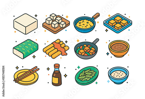Tofu Tempeh Icons. Tofu and tempeh cooking. Colorful isometric vector icons set of Tofu and tempeh cooking: firm tofu block, cubed tofu on board, tofu scramble
