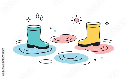 Puddle Boot Abstract. Spring Puddles and Rain Boots. Abstract boots and puddle shapes arranged decoratively, with curved ripples and dots. Clean editorial look