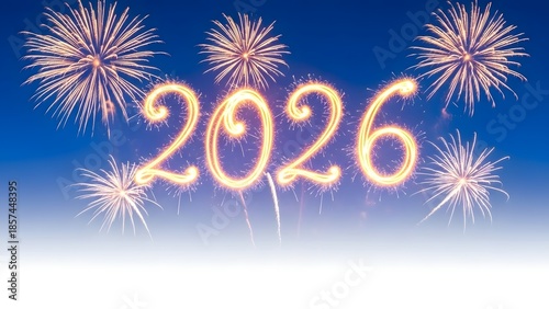 Sparkling fireworks illuminate the year 2026 in a dazzling display against a clear blue sky