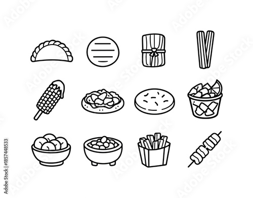 Latin American Street Food Icons. Street food. Line icon set of Latin American street food: empanada, arepa, tamale, churro, street corn elote, tostada,