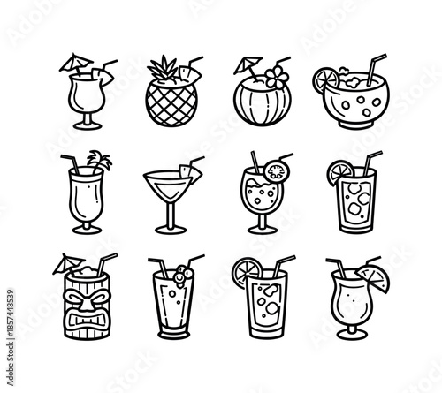 Tropical Drink Icons. Party drinks. Line icon set of tropical party drinks: pina colada, pineapple cooler, coconut cocktail, tropical punch, island smoothie,