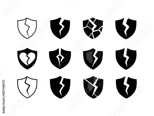 Emotional Hurt Logos. Emotional hurt. Icon set. Set Logo of emotional hurt: cracked shield. harmonious logo variations of the same emblematic concept, each