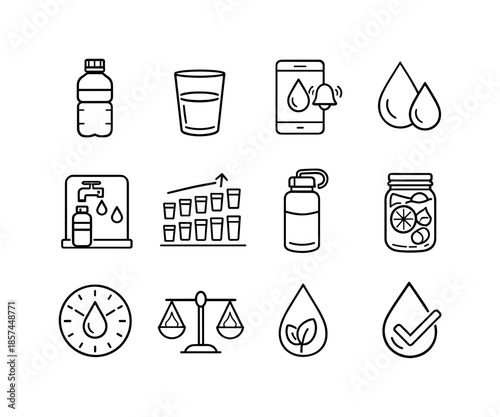 Hydration Icon Set. Hydration. Line icon set of Hydration: water bottle, drinking glass, hydration reminder, water droplets, refill station, daily intake